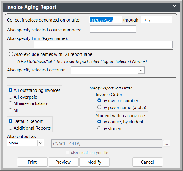 Invoice Aging Report Screen