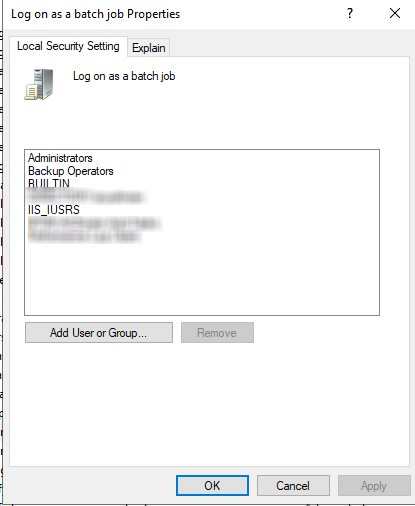 Log on as a batch job Properties, listing users and groups