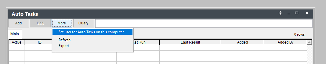 Auto Tasks More menu, Set user for Auto Tasks on this computer