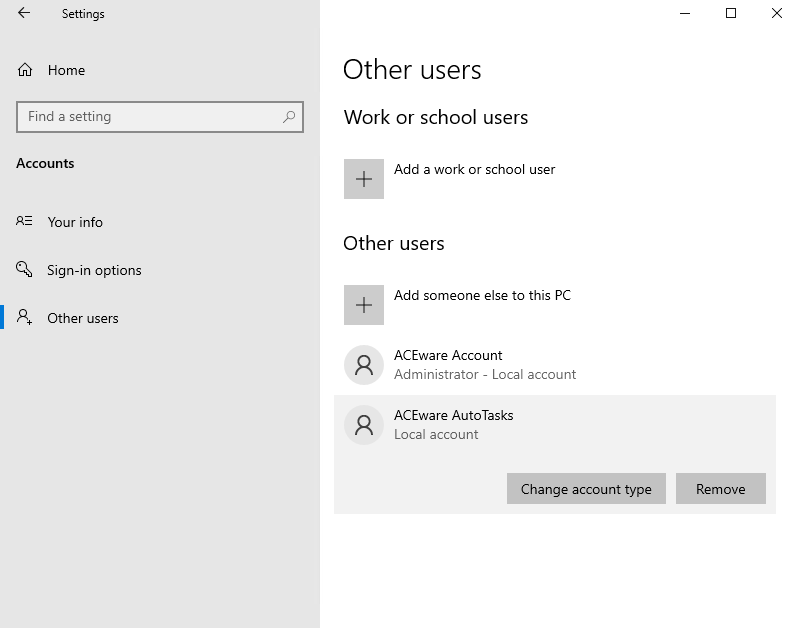 Other users in Windows Accounts settings