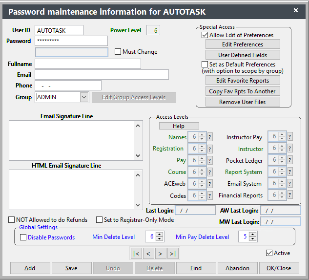 Password Maintenance information for the AUTOTASK user