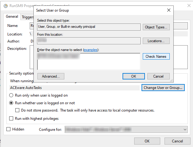 Selecting the Auto Tasks Windows user in Task Scheduler