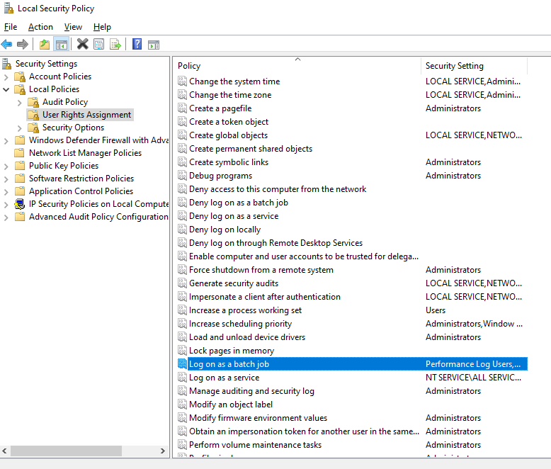 Log on as a batch job in User Rights Assignment