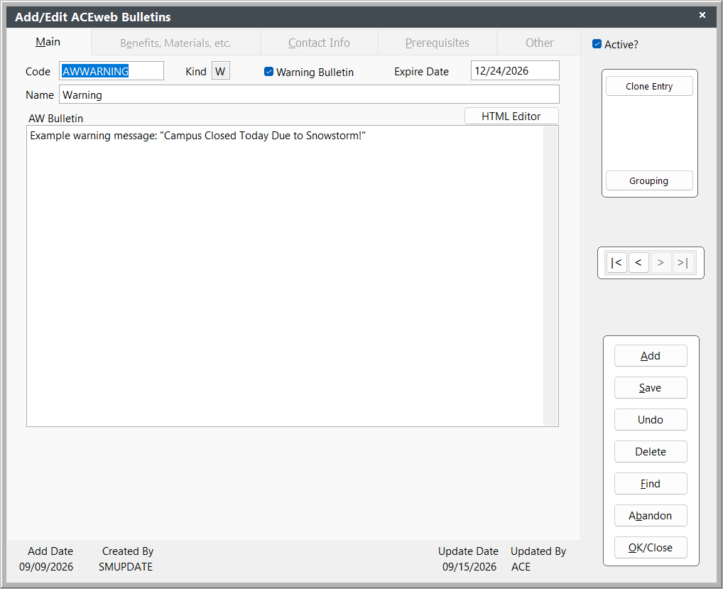 ACEweb Bulletin Record