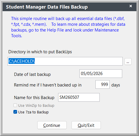 Student Manager Data Files Backup Screen