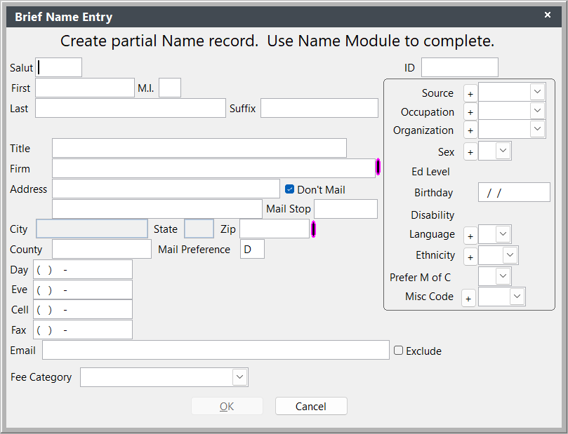 Brief Name Entry