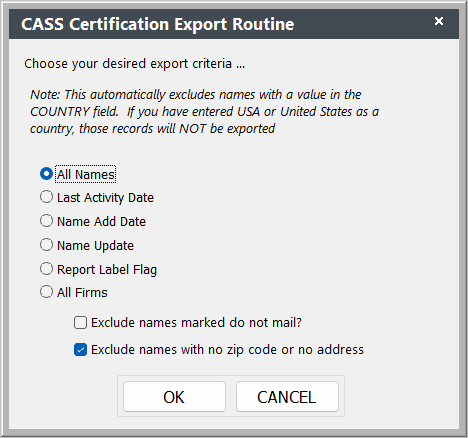 CASS Certification Export Routine Screen