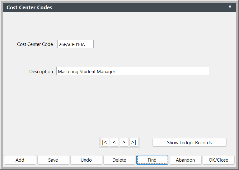 Cost Center Codes Screen