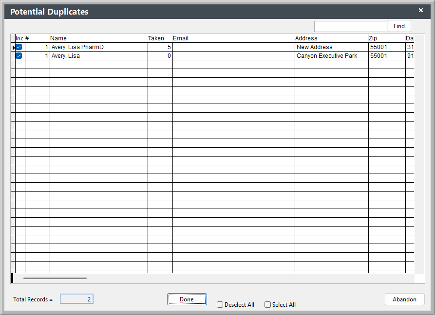 Potential Duplicates List