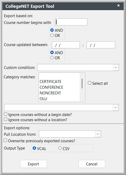 CollegeNet Export Tool Screen