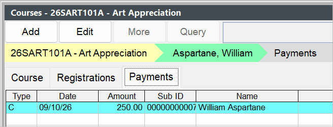 Course Payments tab