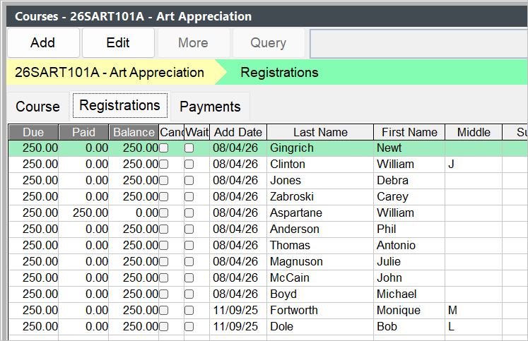 Course Registrations tab