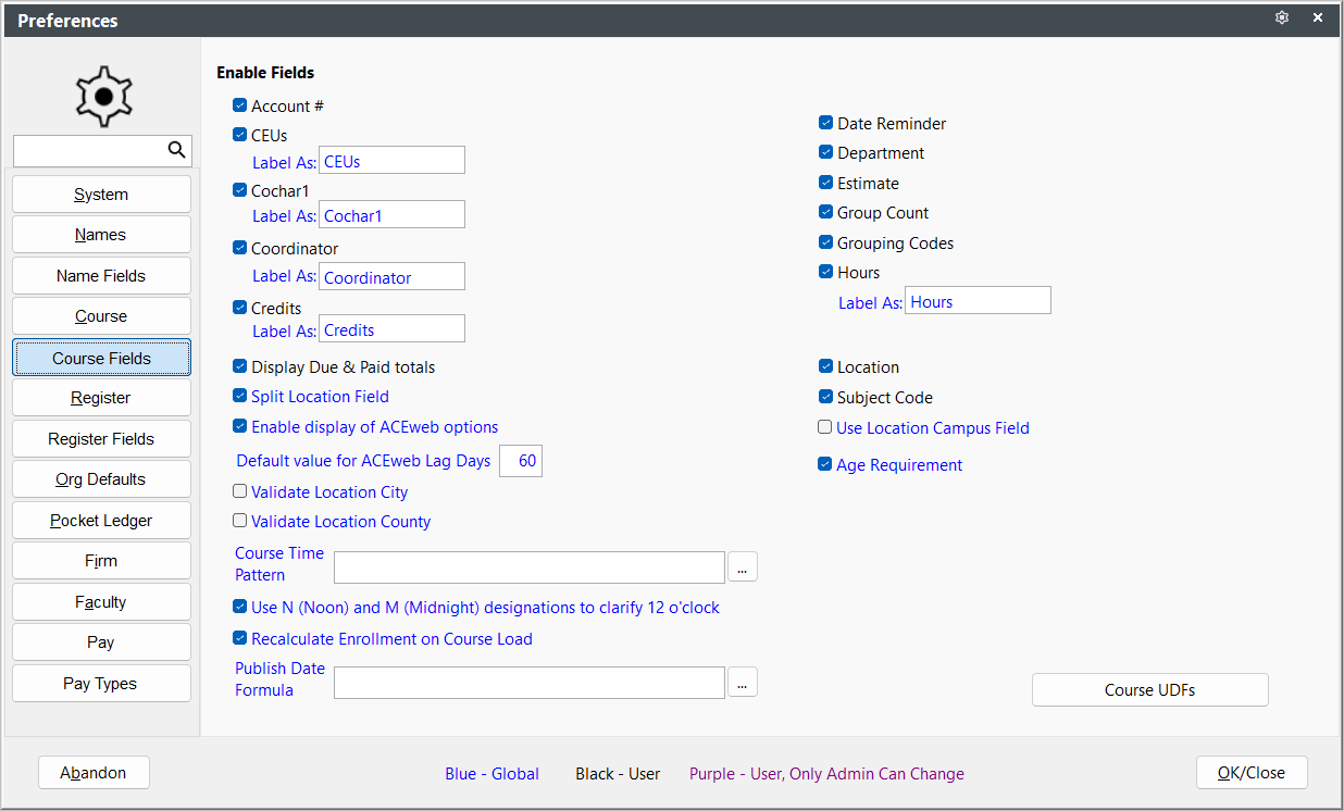 Course Fields Preferences