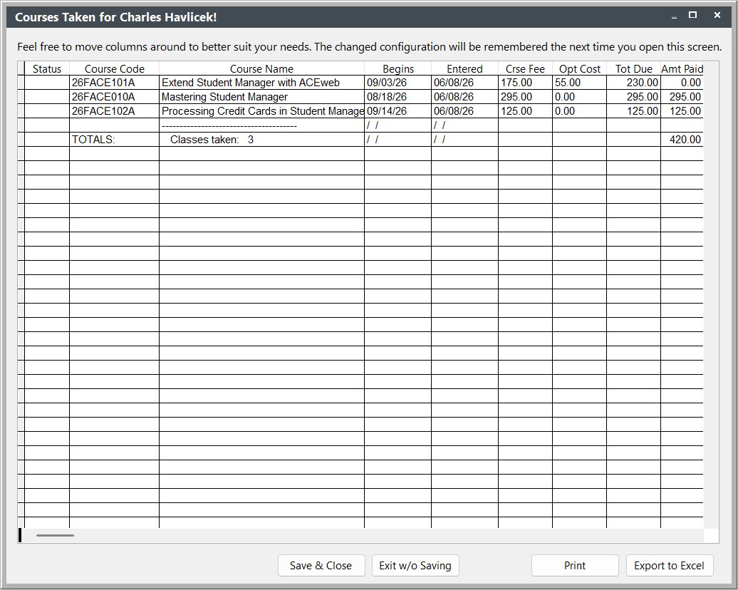 Courses Taken List