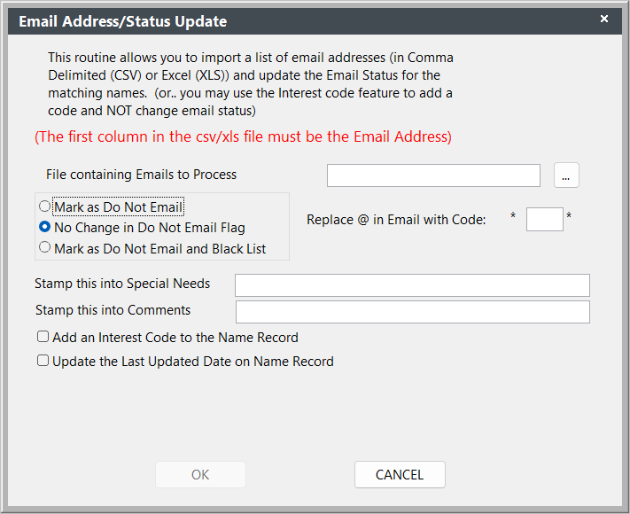 Email Address/Status Update Screen