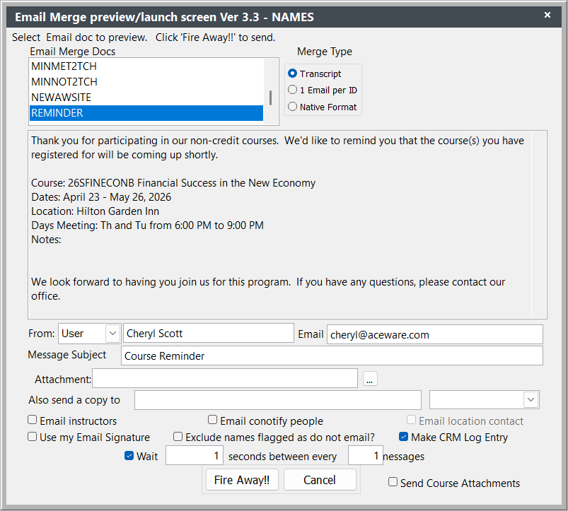 Email Merge Screen