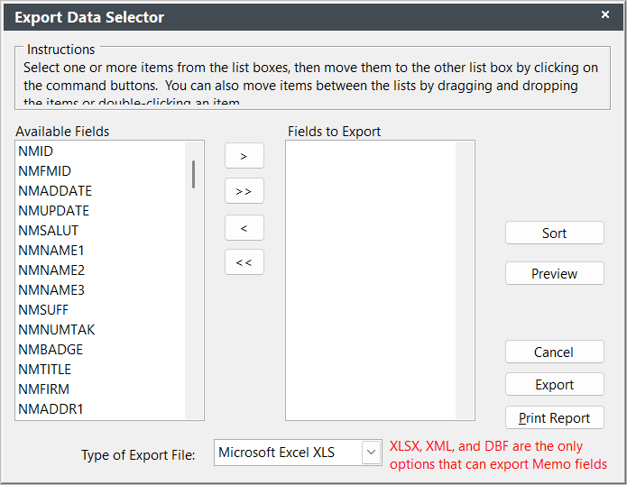 Export Data Selector Screen