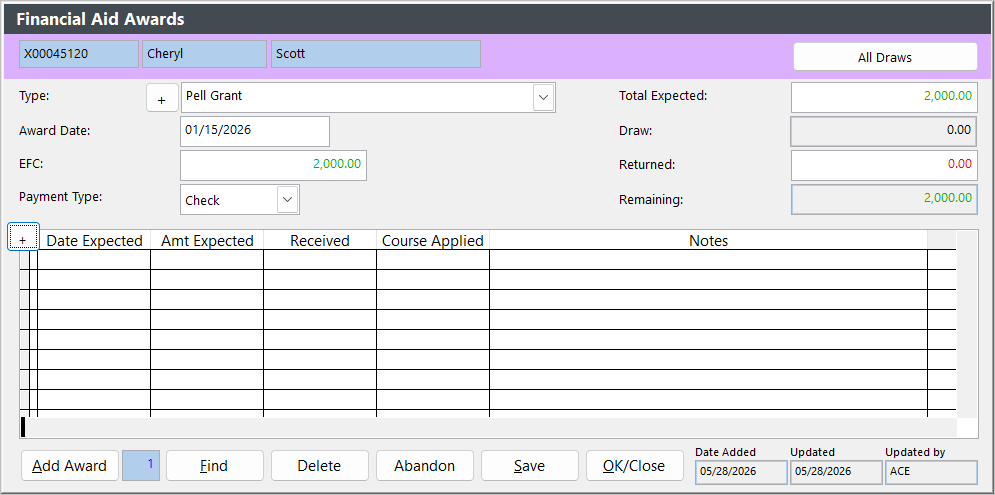 Financial Aid Screen