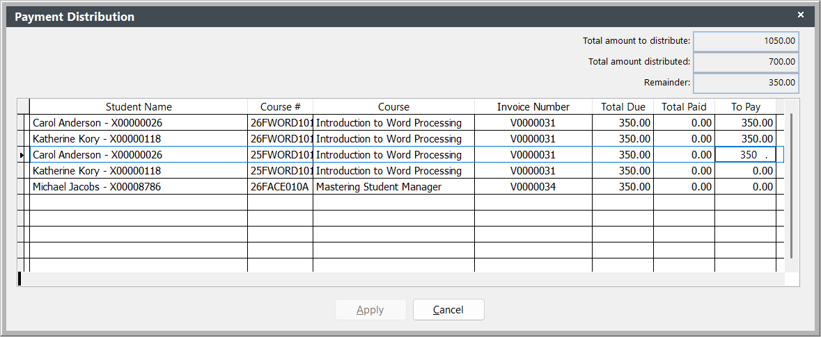 Payment Distribution Screen