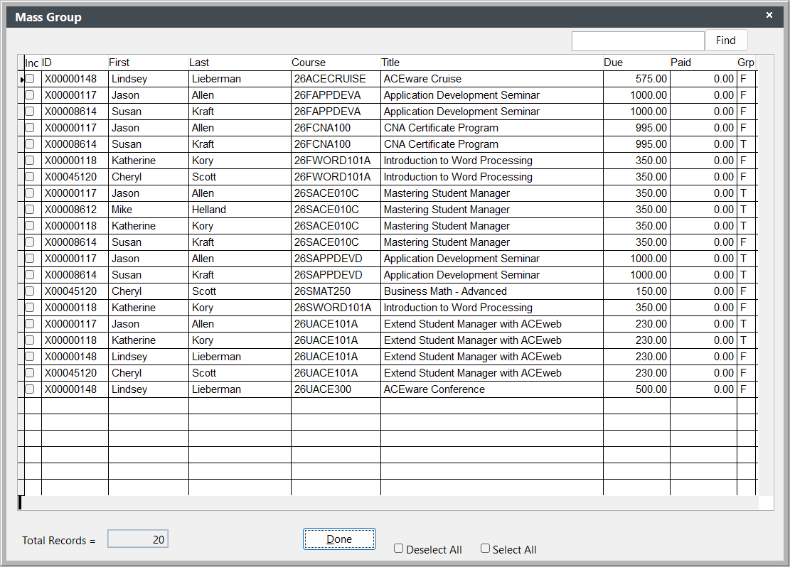 Select registrations to group