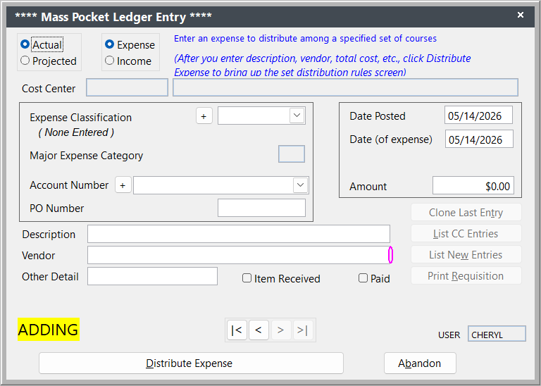 Mass Pocket Ledger Entry Screen