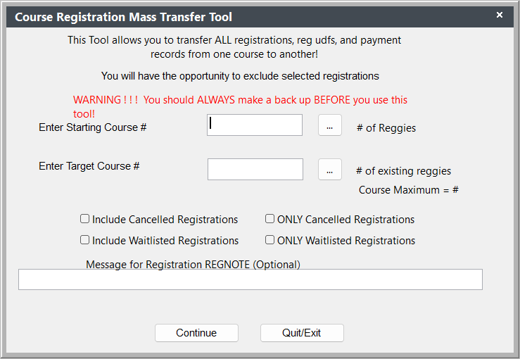 Course Registration Mass Transfer Tool Screen