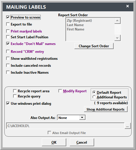Mailing Labels Print Options