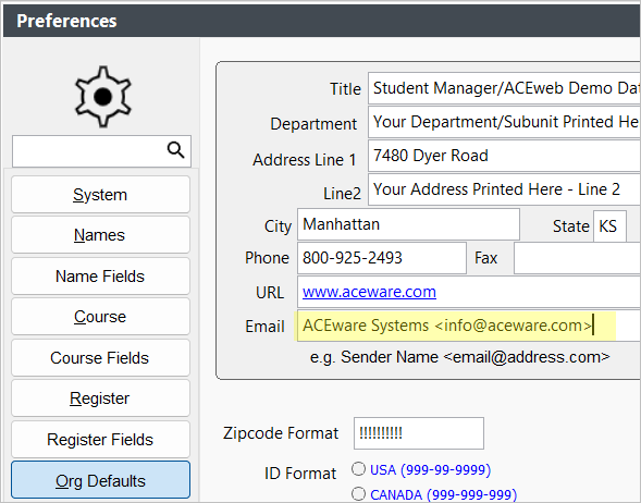 Org Defaults Email Settings