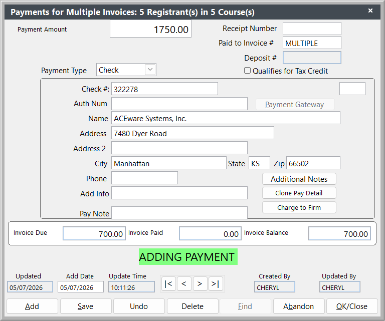 Payments for Multiple Invoices Screen