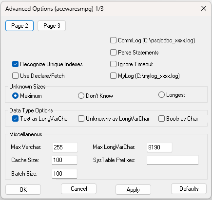 Datasource options — uncheck Bools as Char