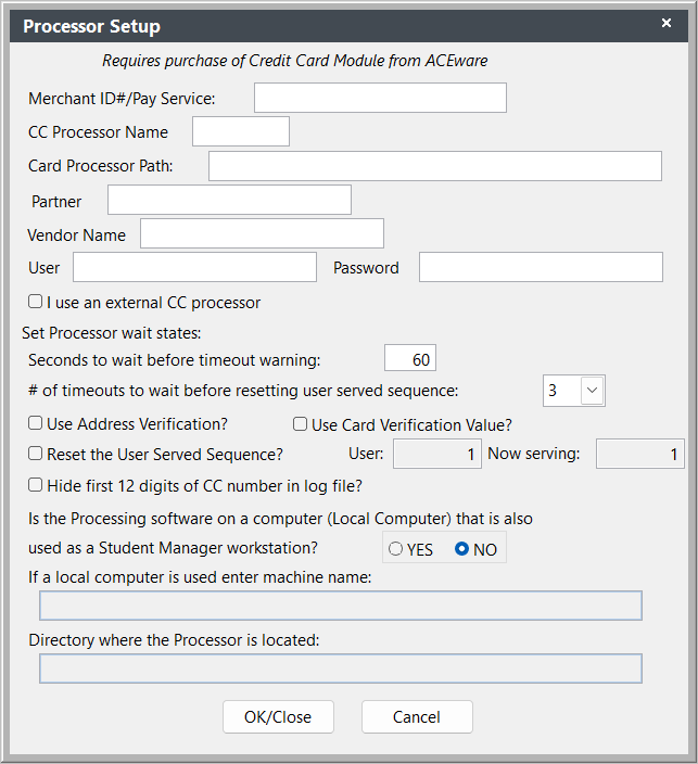 Processor Setup Screen
