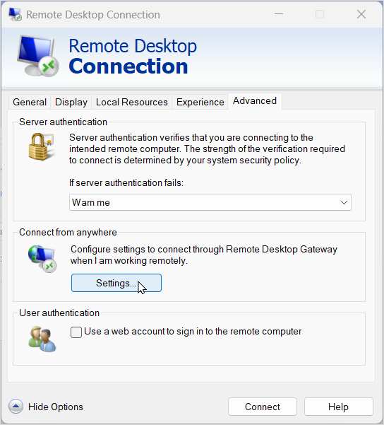 Remote Desktop Gateway Advanced tab