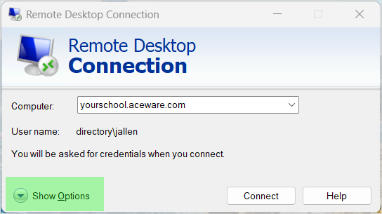 Remote Desktop Gateway Show Options