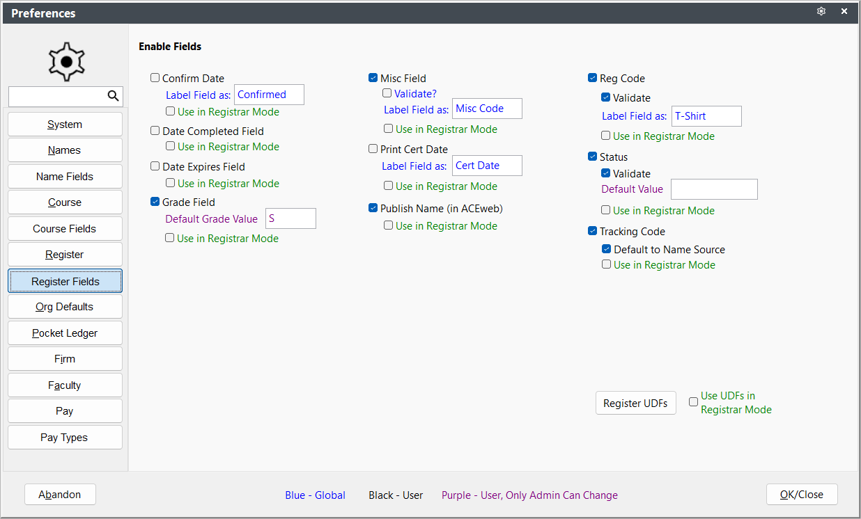 Registration Fields Preferences