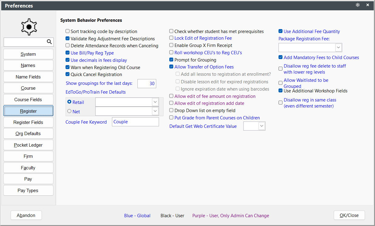 Register Preferences