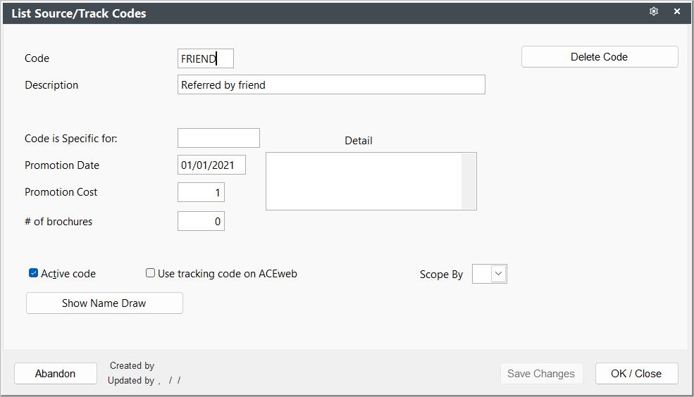 Source/Tracking Codes Screen