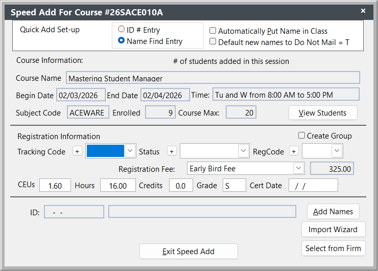 Speed Registration Screen