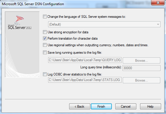 Finish the DSN wizard