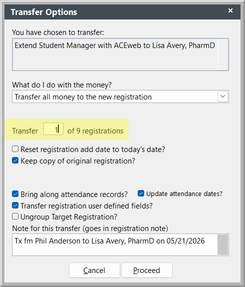 Transfer Registration Screen