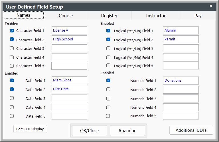 User Defined Field Setup screen