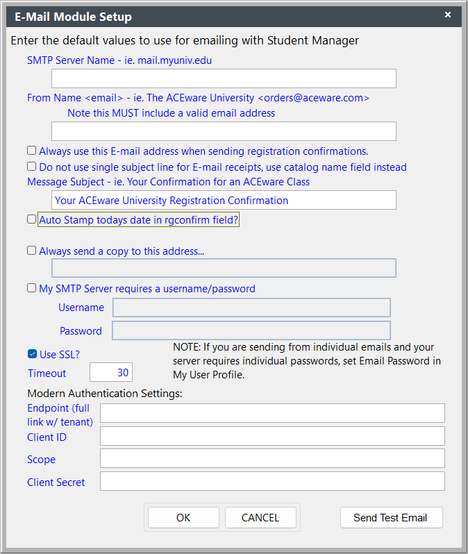 Email Module Setup Screen