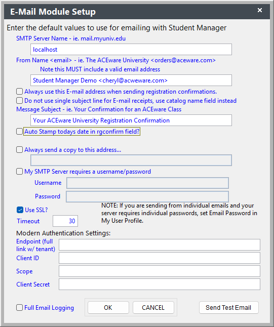 Email Module Setup Screen