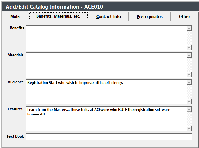 Catalog Benefits, Materials, etc. Tab