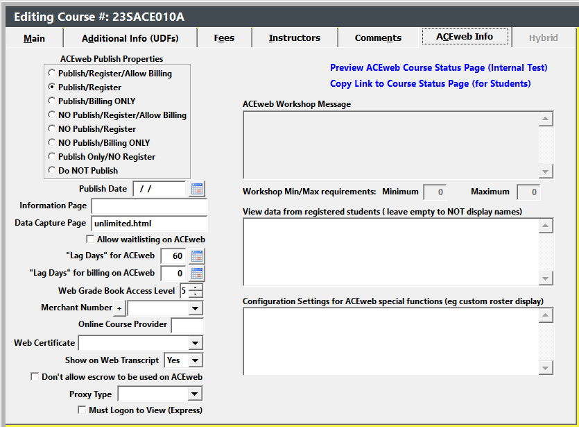 Course ACEweb Info Tab