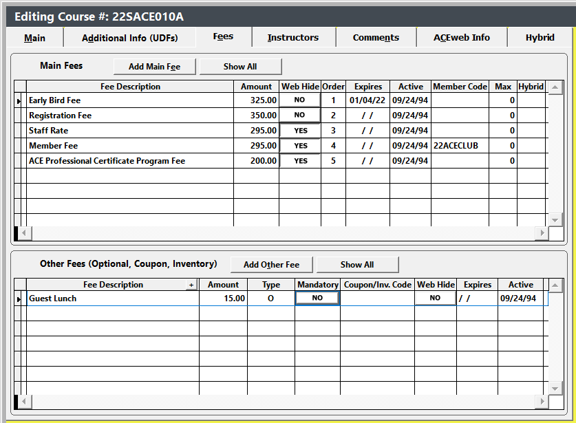 Course Fees Tab