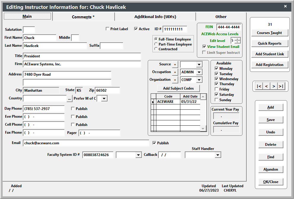 Faculty Manager Screen