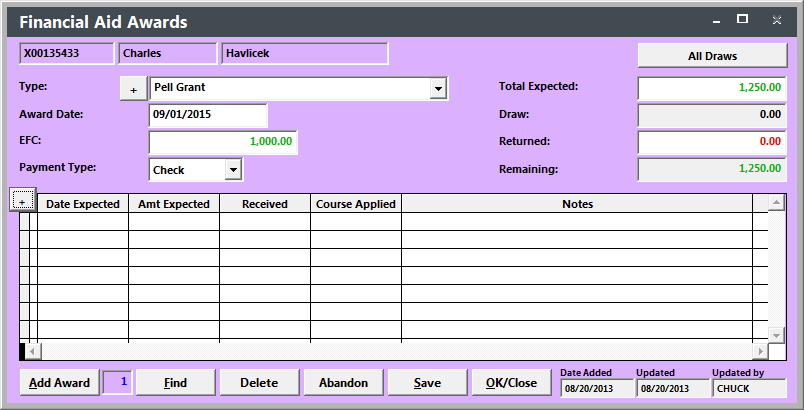 Financial Aid Screen