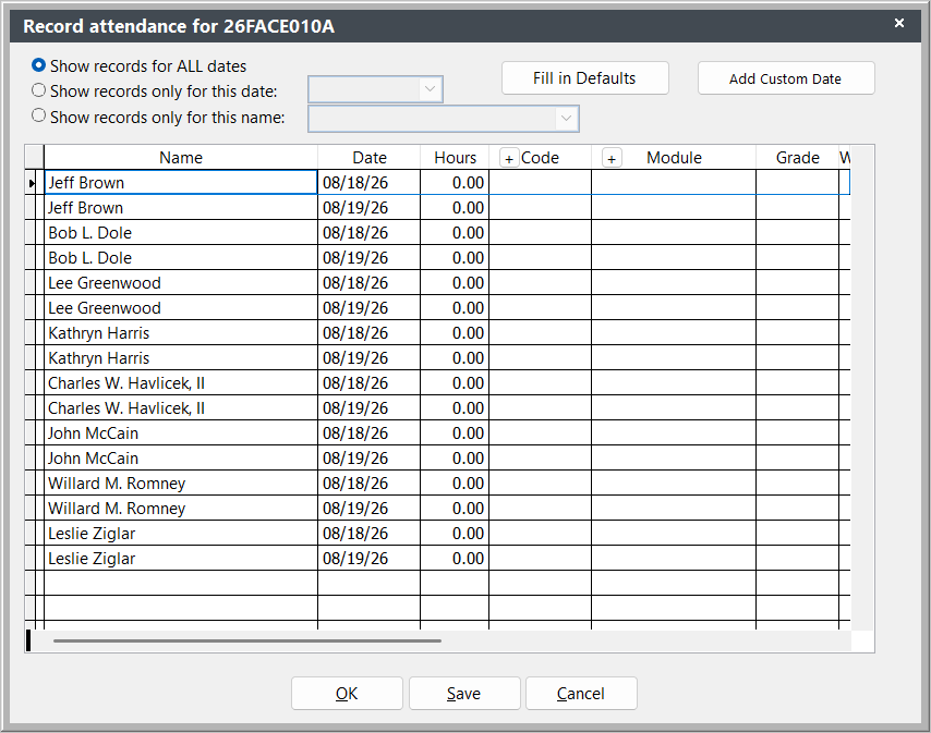 Attendance Tracking Screen