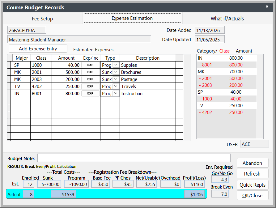 Budget Expense Estimation Tab
