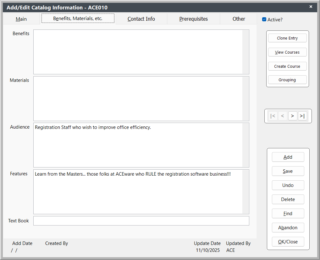 Catalog Benefits, Materials, etc. Tab